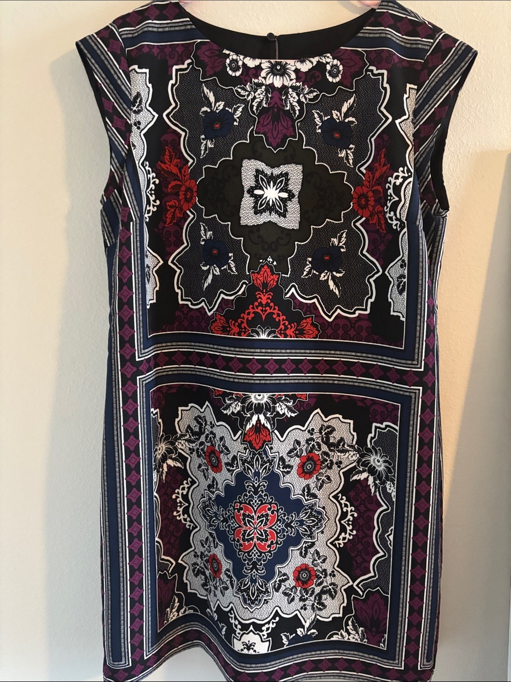 Banana Republic Black Floral Medallion Shift Dress with Purple and Red Accents